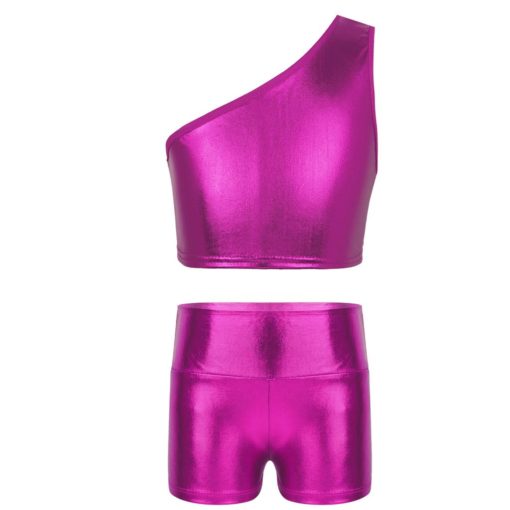 Kids Girls Metallic Single Shoulder Crop Top with High Waist Shorts for Sports Gymnastics Workout