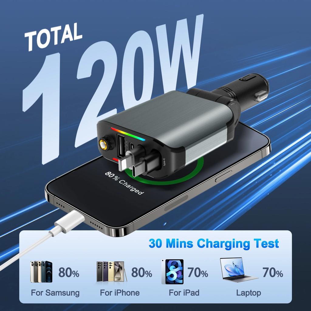 Автомобильное зарядное устройство 12-24 В 4 в 1 с выдвижным кабелем, атмосферной лампой, звездным потолочным светом, адаптером 120 Вт, автомобильное зарядное устройство для телефона, порты USB Type-C