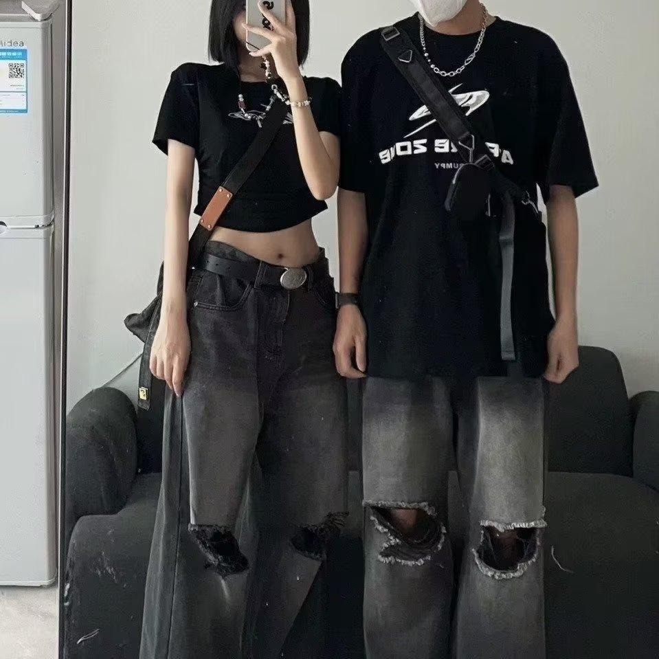 2023 Unisex Black Distressed Ripped Jeans – Loose Straight Wide-Leg Pants Trendy Brand