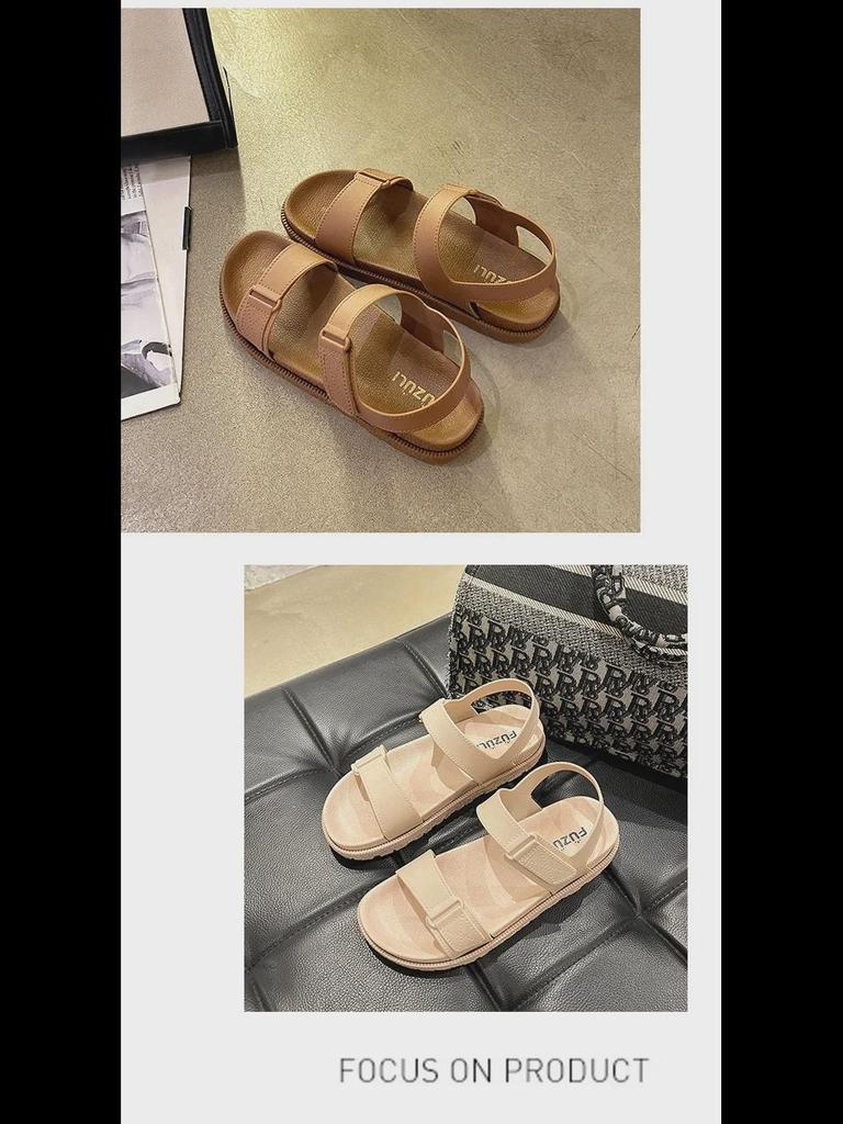 2024 Летние женские плоские корейские модные пляжные сандалии с ремешком на липучке