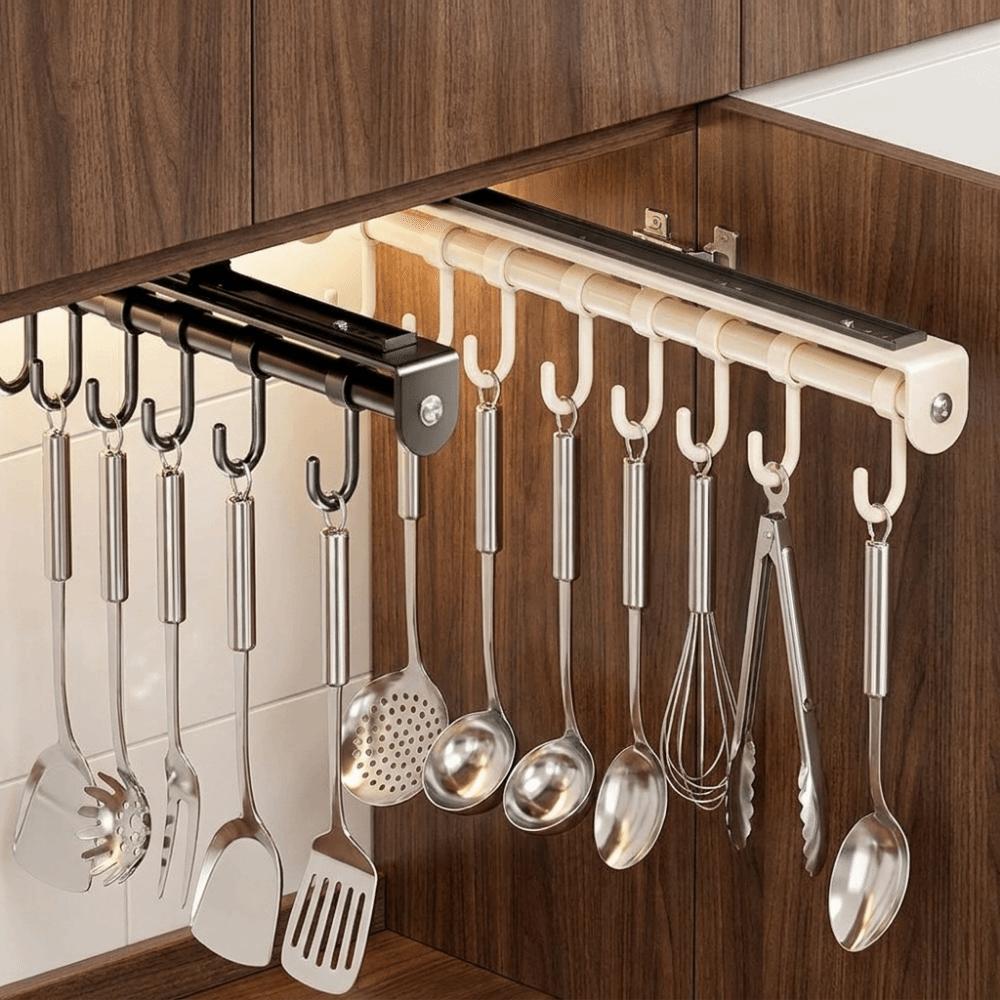 Wall Mounted Pull Out Utensil Hanging Rack Multi Hooks Sliding Rail Hooks  Spatula Spoon