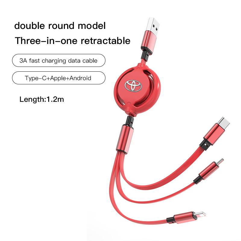 3 In 1 Retractable Mobile Phone Fast Charging Cable For  Toyota Corolla Camry Asian Dragon Supra Hilux Land Cruiser GR SPORT TRD