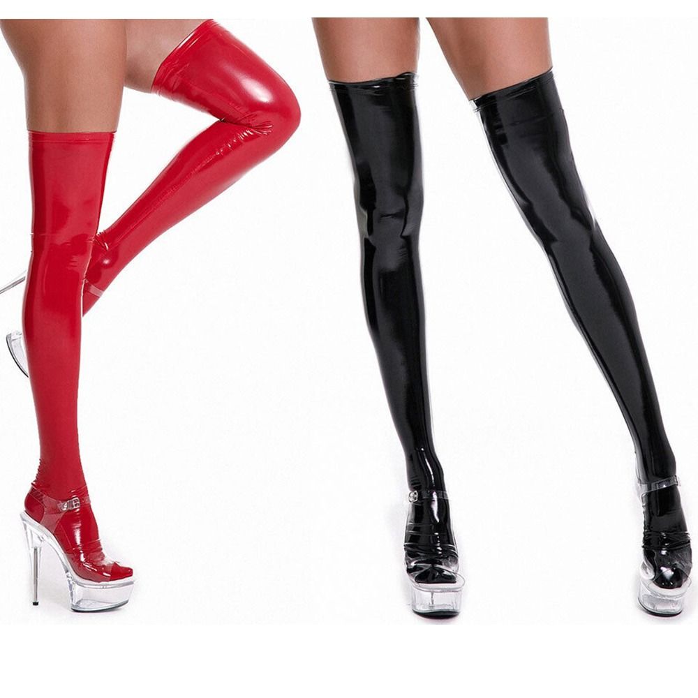 Длинные носки из ПВХ из спандекса, женские блестящие кожаные чулки, женские чулки до бедра