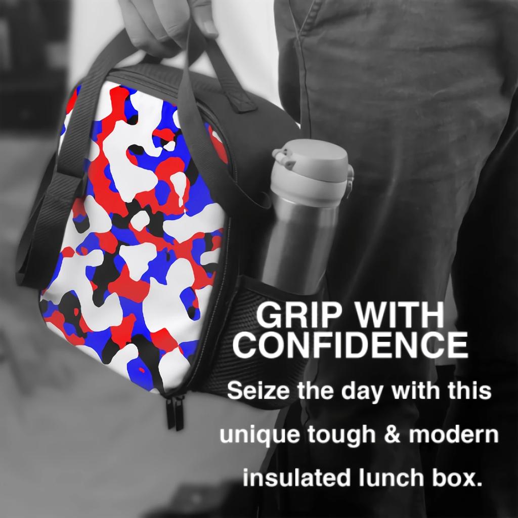 Синий, красный, белый, черный камуфляжный изолированный ланч-бокс для школы, офиса, пикника, цветной камуфляжный геометрический принт, сумка-холодильник, ланч-бокс