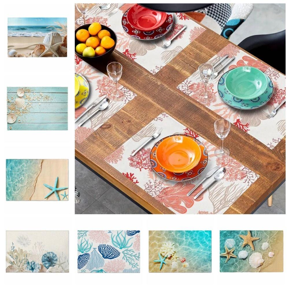 Seashells Linen Placemat Anti Slip Tableware Pad Summer Beach Placemat Table Decoration