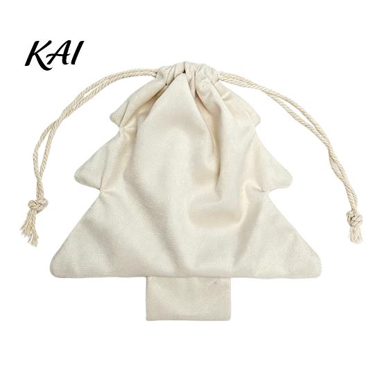 Reusable Fabric Gift Wraps Christmas Tree Shaped Bag, Drawstring Treat Goody Bags with Pompoms Durable Polyester Sacks Bells, Winter Present Wrapping