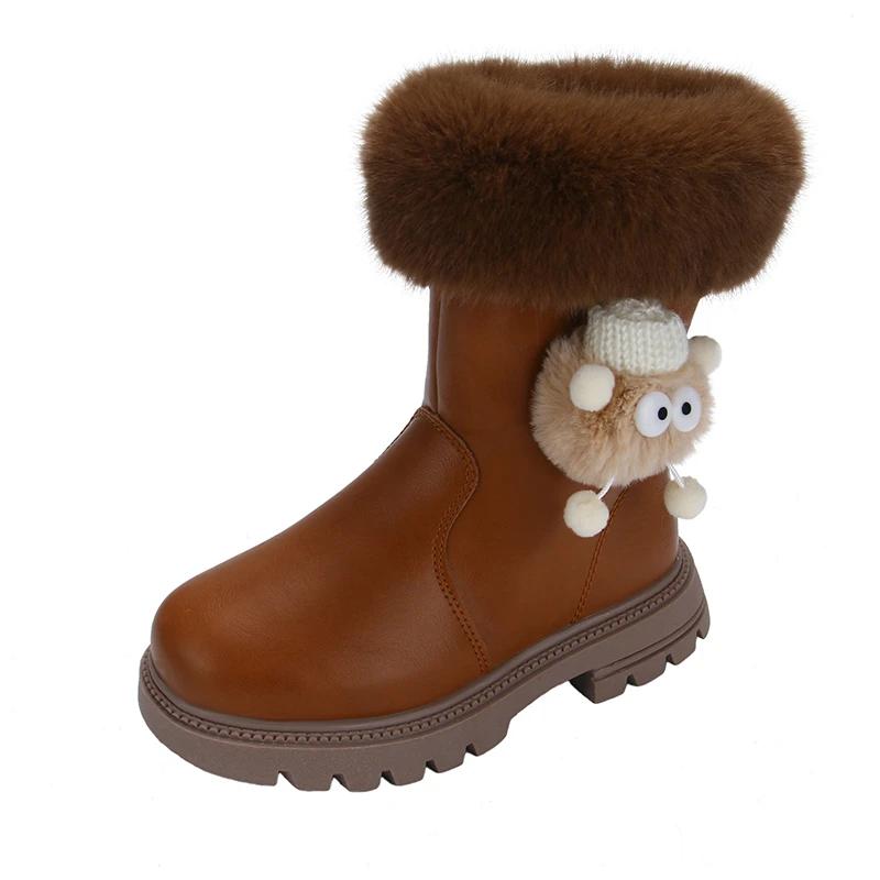Модные ботинки для девочек 2024 Осень Зима Теплый Мех Толстый Плюшевый Пушистый Волосатый Шарик Милый Мультяшный Детские Термоботинки До середины икры Молния