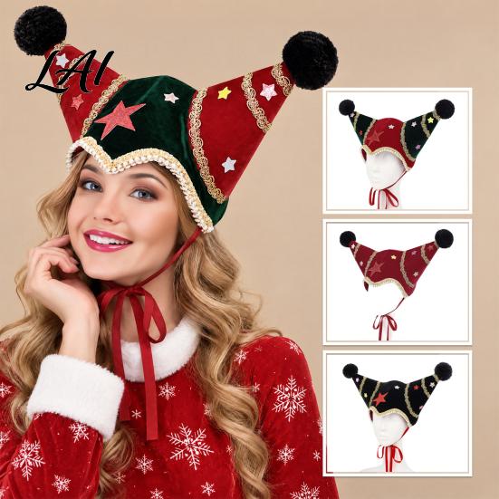 Holiday Photo Booth Decorations Christmas Jester Hat Velvet Star Clown Hat with Gold Trim Pom Decorative Stage Performance Poms Adjustable