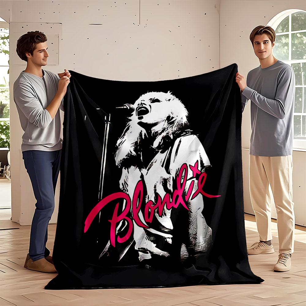 High-contrast black-and-white singer with pink "Blondie" script text. for all seasons blanket lunch break throw gift