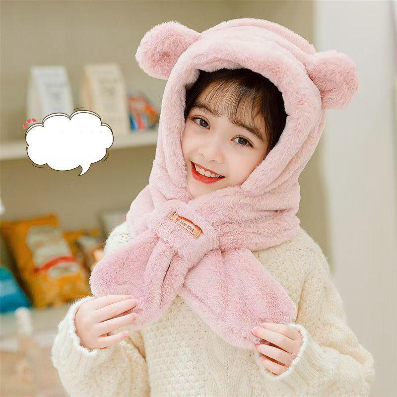 Зимняя детская шапка, шарф, цельная детская шапка из искусственного меха, теплая шапка с ушками в виде медведя из мультфильма для мальчиков и девочек, ветрозащитные шапочки, детские вещи