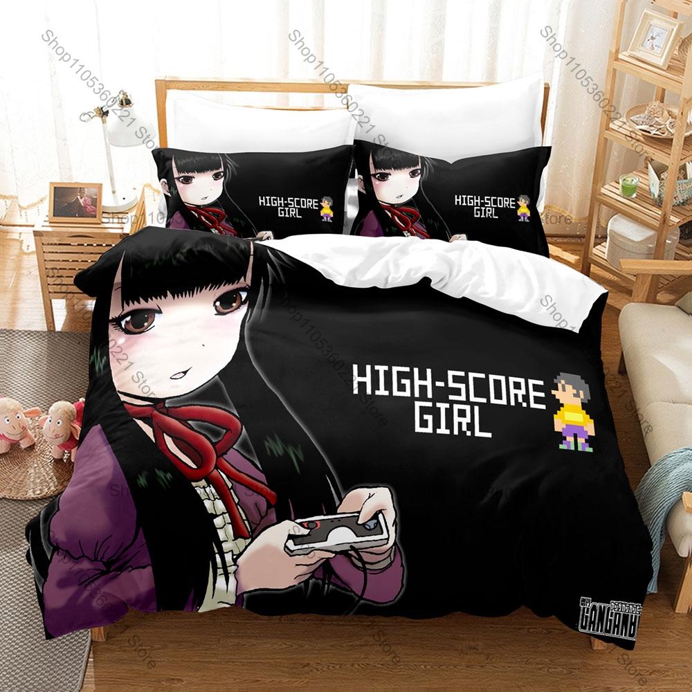 Hi Score Girl Bedding Set Duvet Cover + 2 Pillowcases Retro Arcade Game Haruo Akira 90s Nostalgic Anime Soft Pastel Bedroom