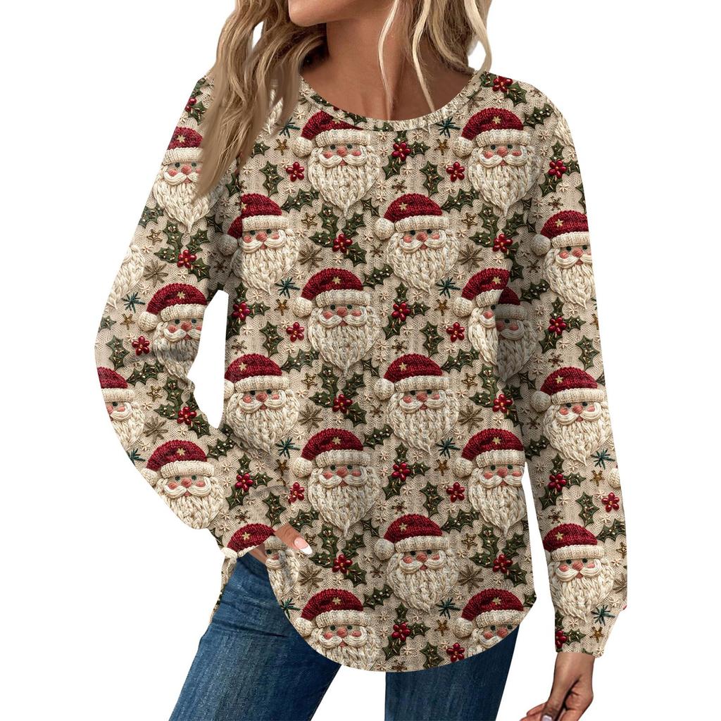 Women's Fashion Long Sleeve Christmas Loose Long Sleeve Round Neck Casual Top
