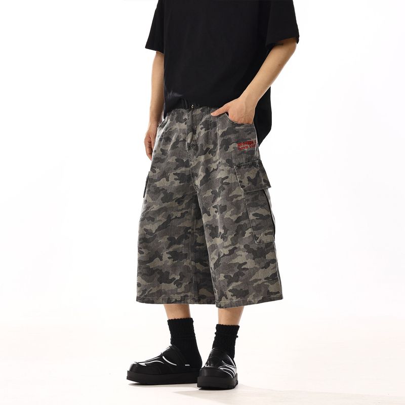 American vintage Washed Camouflage Demin shorts Summer New Men's and Women's Loose Wide-Leg Casual Cargo Straight Pants
