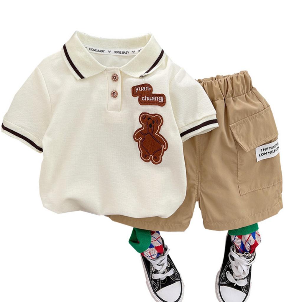 Classic Animal Baby Short Sleeved Set, Boys and Girls Short Sleeved T-shirt Set, Cartoon Bear Collar T-shirt Set