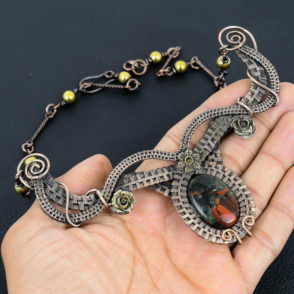 Bloodstone Necklace, 999 Copper Wire Wrapped Jewelry, Gemstone Jewelry Adjustable Chain Necklace, Handmade Wedding Gift Jewelry