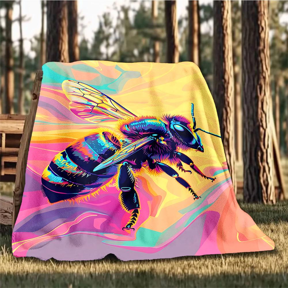 1pc Bee Art Print Throw Blanket Polyester Fiber, Lightweight Flannel, Soft & Warm, All Season Use for Outdoor, Camping Digital Print