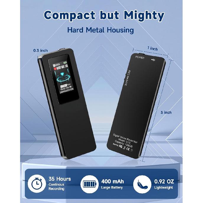 128GB Digital Voice Recorder, 3072Kbps Voice Activated Recorder with Playback, HD Noise Reduction for Lectures Interviews Meetings Classes