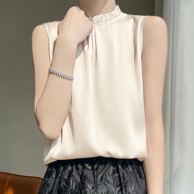 INDFS Women's Fashion Casual Summer Spring Solid Color Print Sleeveless Stand-Neck Blouses & Shirts