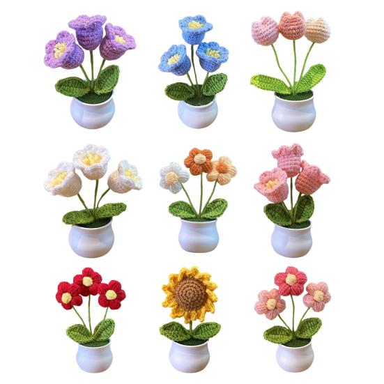 Вязаный вручную горшечный цветок крючком ручной работы Подсолнух Ландыш Тюльпан Горшечные искусственные цветы для домашнего офиса Украшение стола