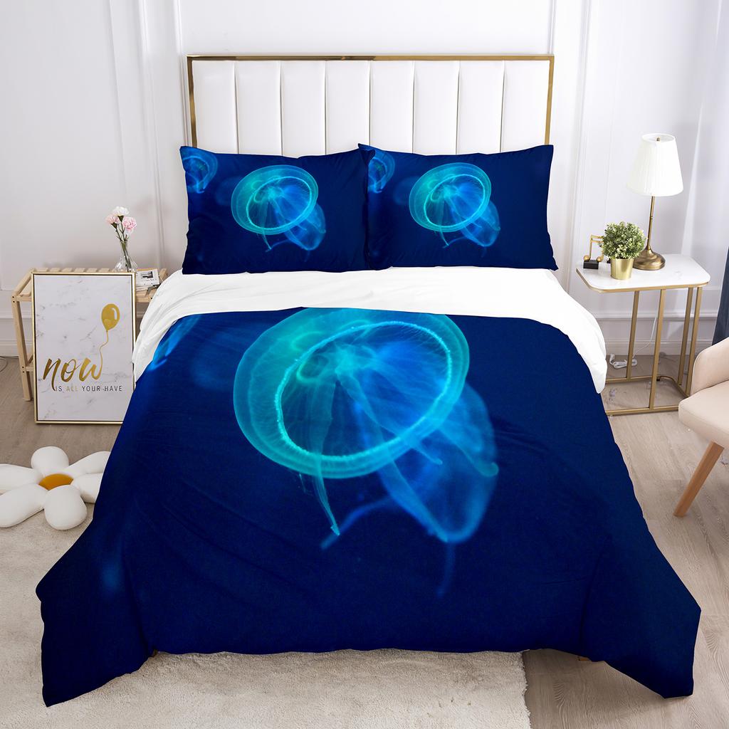Jellyfish Duvet Cover Set Blue Sea Wild Animals Theme King Queen Size for Kids Teens Adult Polyester Bedding Set with Pillowcase