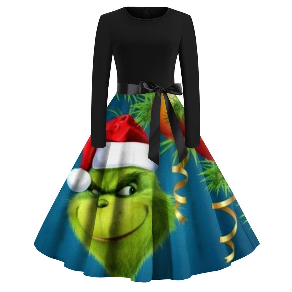 Женское рождественское расклешенное платье с принтом для женщин, платье с длинным рукавом, вечерние повседневные платья