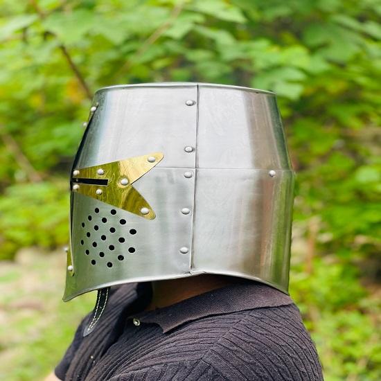 Templar Crusader Knight Helmet Medieval Great Helm, Larp And Cosplay Helmet ,Handmade Steel  Brass Cross Helmet , Collectible Gift