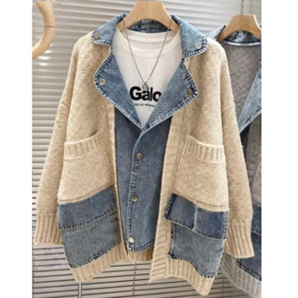 Модный повседневный джинсовый сплайсированный длинный рукав вязаный кардиган свободный толстый женский свитер пальто зима осень новый