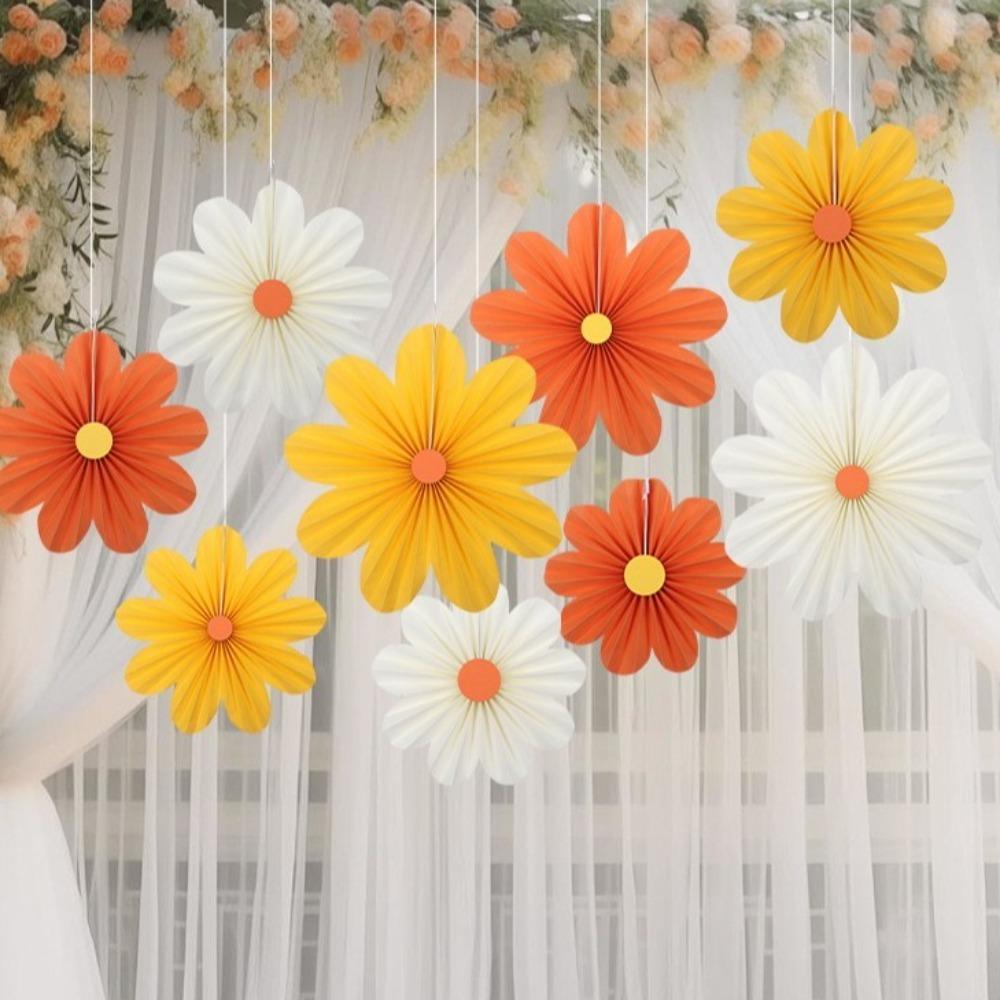 9pcs DIY Crafts Folding Fan Hanging Ornaments Garlands Daisy Hanging Banners Kindergarten Classroom