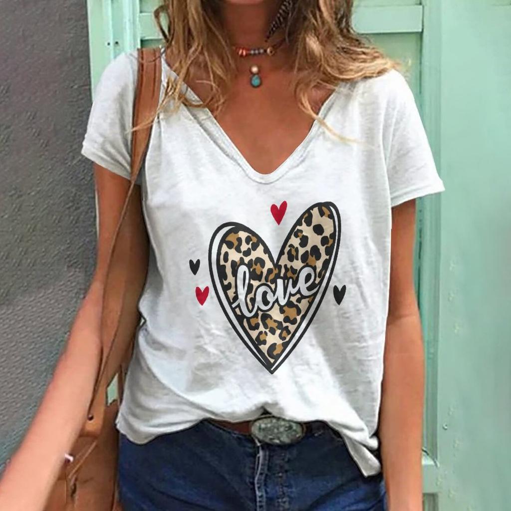 New Women's T-shirt Love Leopard Short Sleeve 3d V-neck Fashion Female Clothing Streetwear Casual Tops Harajuku Summer T Shirt