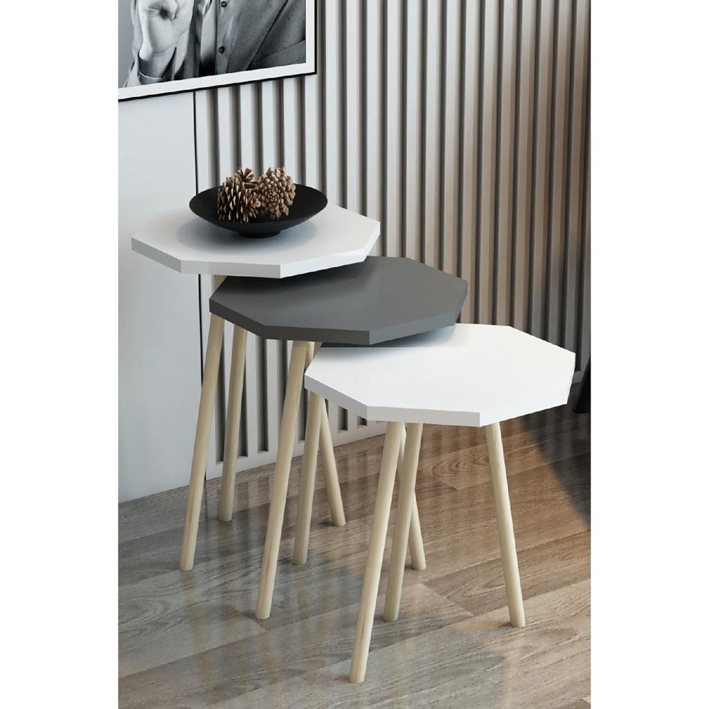 3-х предметный журнальный столик и набор журнальных столиков, восьмиугольный журнальный столик, набор журнальных столиков с деревянной ножкой и грабом