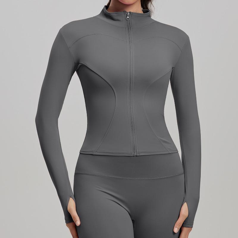 Women Slim Fit Stand Collar Long Sleeve Solid Yoga Training Jacket