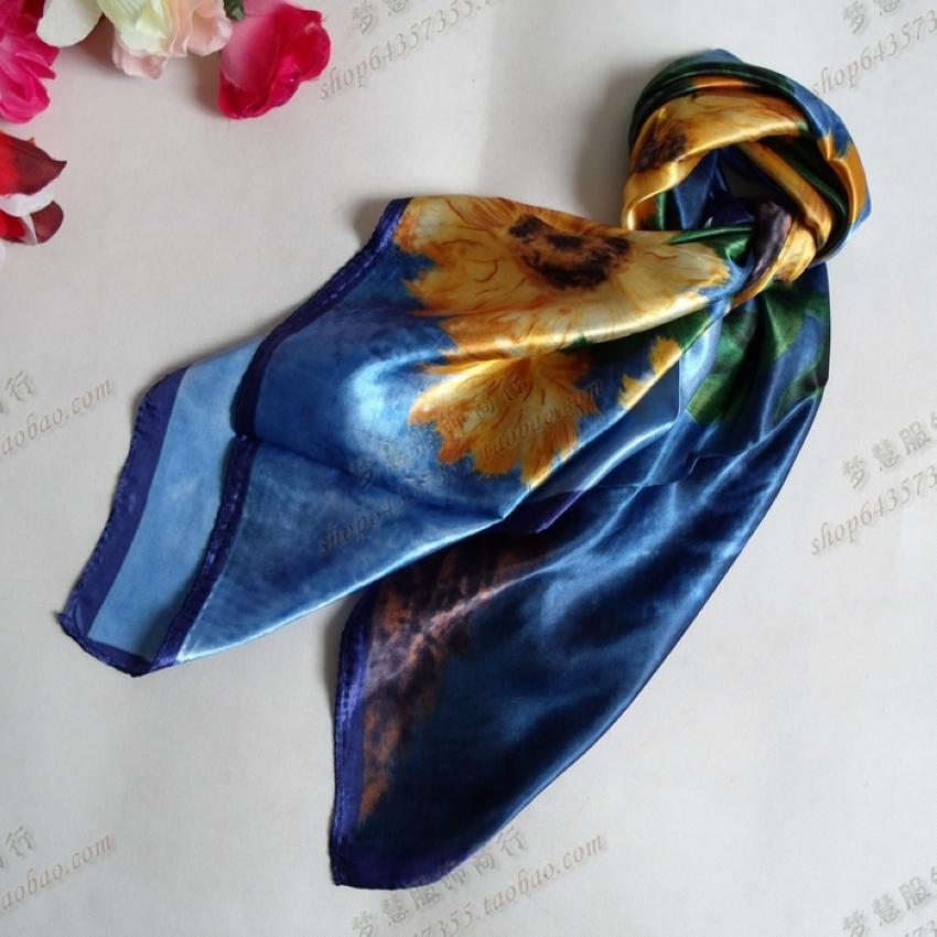 2015 Square Polyester Silk Scarf New Sunflower Pattern 90*90cm Ladies' Satin Sqaure Scarves Printed New Style Women Headscarf
