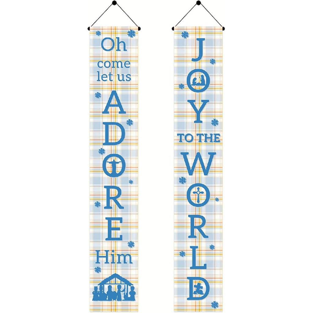 Joy To The World Door Banner 71 X 12 Inch Red Black Plaid Vertical Hanging Porch Decoration Front Door Hanging Sign Holiday Party Entryway Fireplace