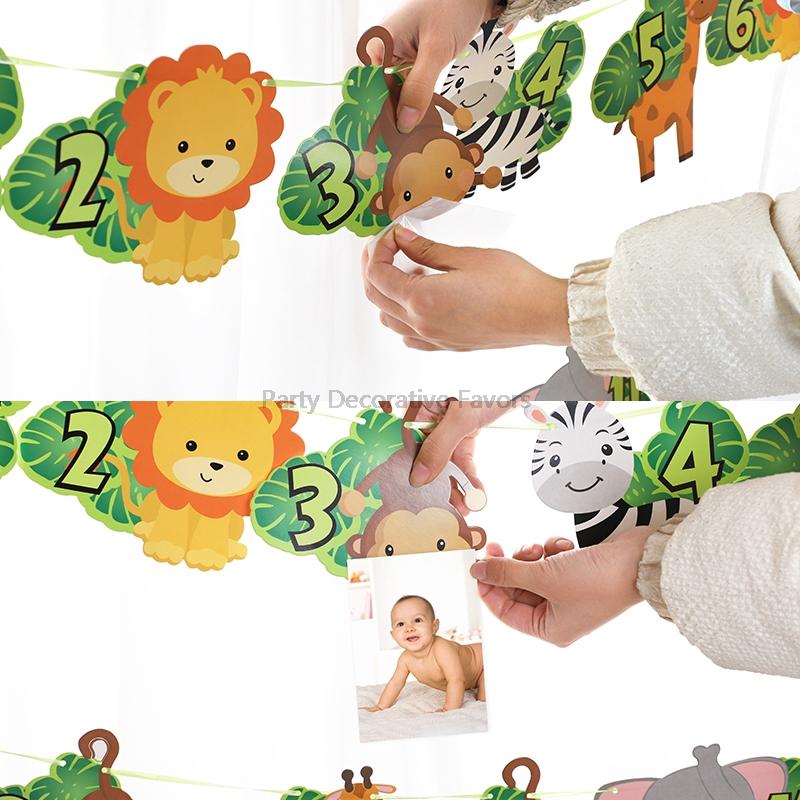 Баннер с фотографиями на 1-й день рождения Малыш Джунгли Сафари Вечеринка по случаю дня рождения Лев Тигр Животные Флажки Бумажная гирлянда Украшение Дикий
