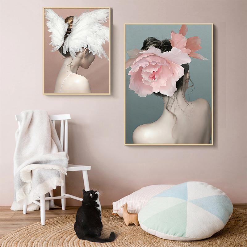 Скандинавские современные девушки, цветок, крылья ангела, головной убор, абстрактные картины для девочек, холст, живопись, настенная живопись, принт, постер, украшение для спальни
