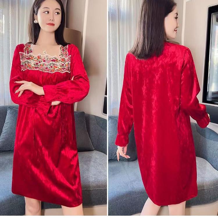 Женская роскошная ночная сорочка из красного бархата - Элегантная осенне-зимняя домашняя одежда