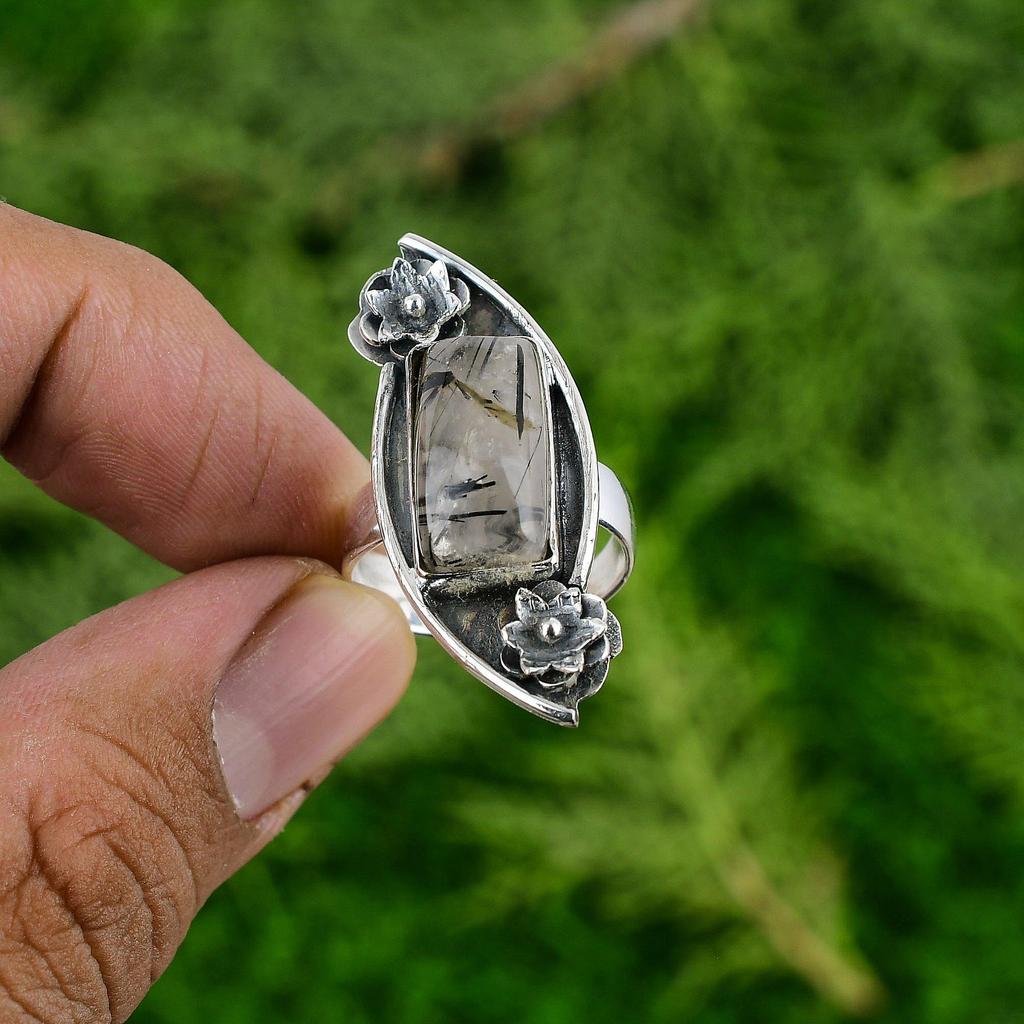 Natural Black Rutilated Quartz Flower Stackable Ring Jewelry 925 Sterling Silver