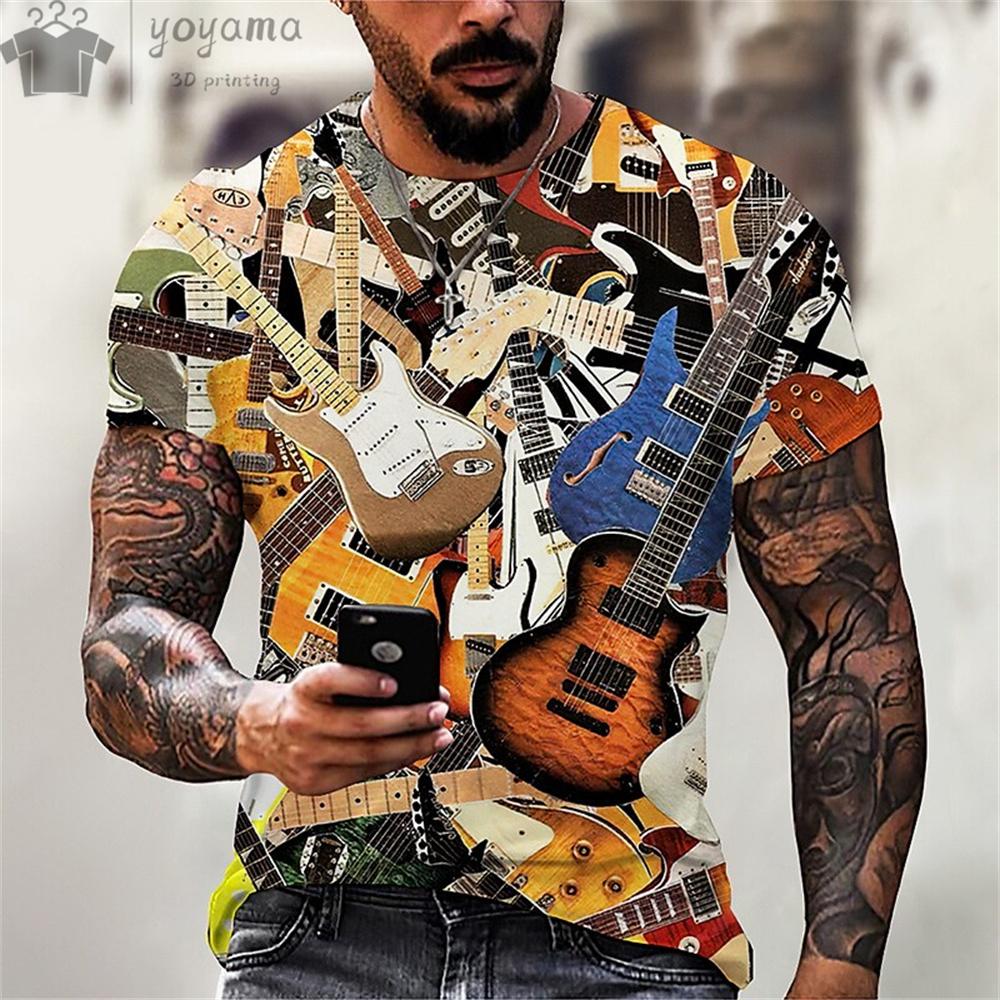 Одежда с принтом рок-гитары для мужчин, винтажная одежда, мужская летняя одежда, свободная футболка для мужчин, футболка с коротким рукавом, футболка с рисунком гитары для мужчин