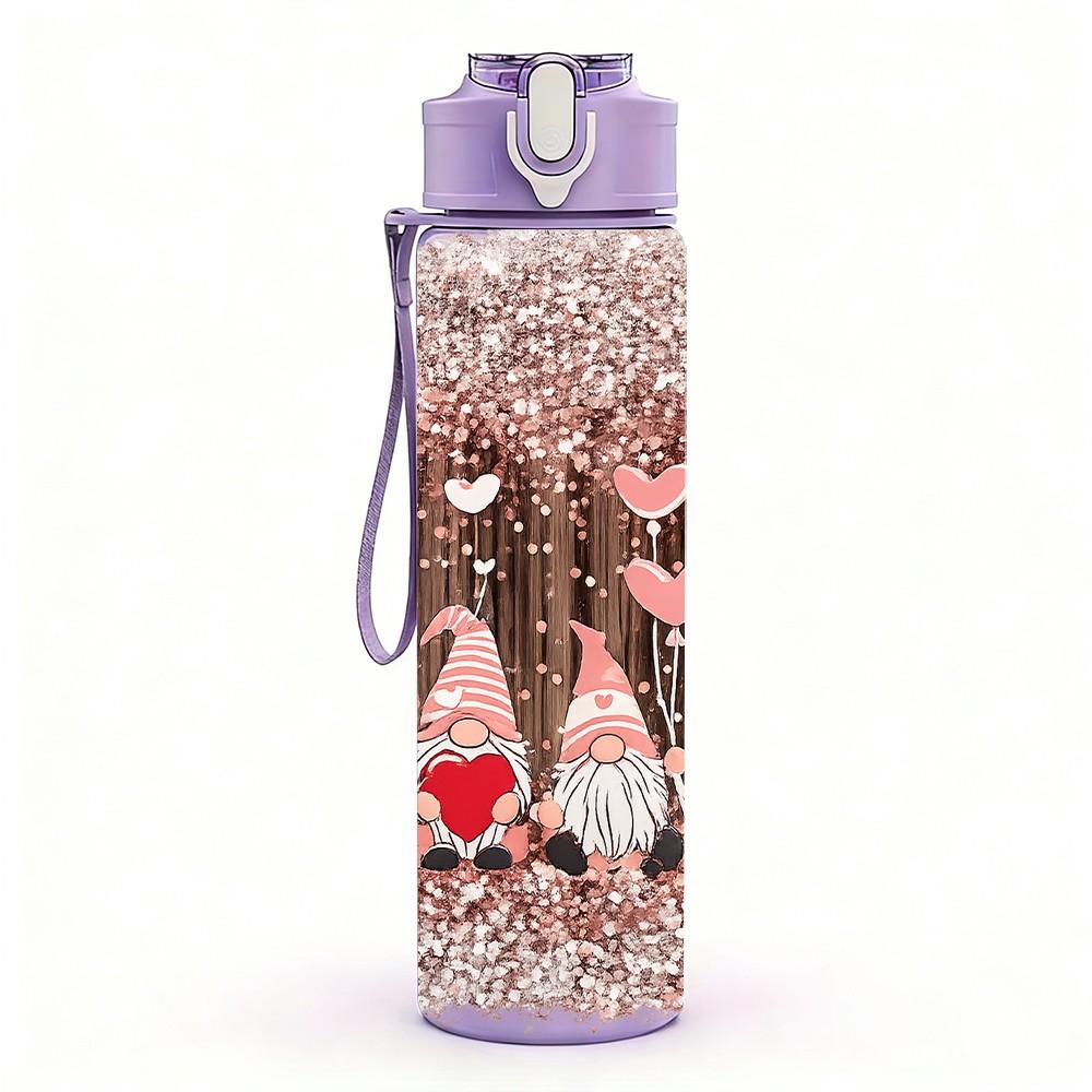 1PC Glitter Heart Rose Pattern Print 750ml Color Plastic Sports Water Bottle Leakproof Flip Straw Lid Suitable for Sports Office Home Use