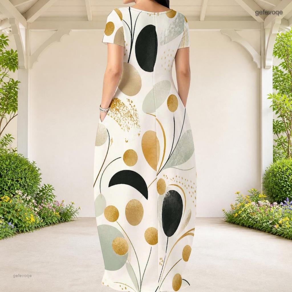Women Plus Size Round Neck Short Sleeve White Printed Loose Maxi Dress With Side Pockets