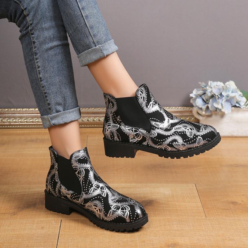 Зимние женские модные кожаные принтованные двойные слипоны на плоской подошве в стиле ретро, короткие ботильоны большого размера для женщин D90