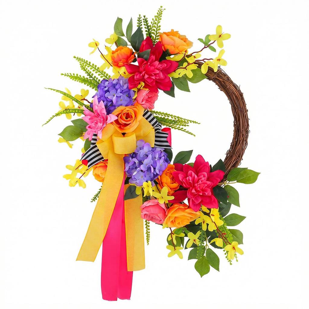 Spring/Summer Bright Rattan Wreath: Vibrant Front Door Decoration with Artificial Flowers