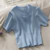 Women Girls Korean Pure Solid O-Neck Knitted Casual Cotton Slim Top Crop Short-Sleeve T-Shirt
