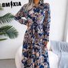 Women's Fashion Summer Spring Vintage Lace-up Shirt-skirt Long Dress Floral Print Long Sleeve Lapel Casual Dresses