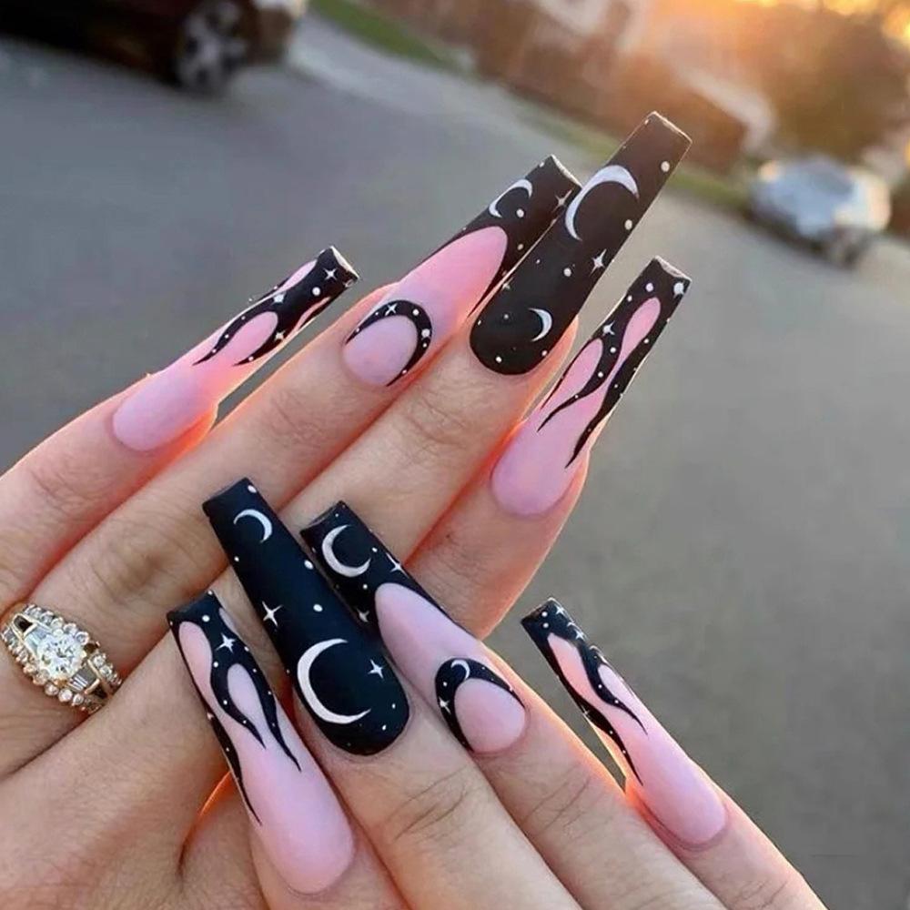 24pcs Reusable Adhesive Fake Nails French Long Ballet Pink Rose Contrast Line Press On Nails