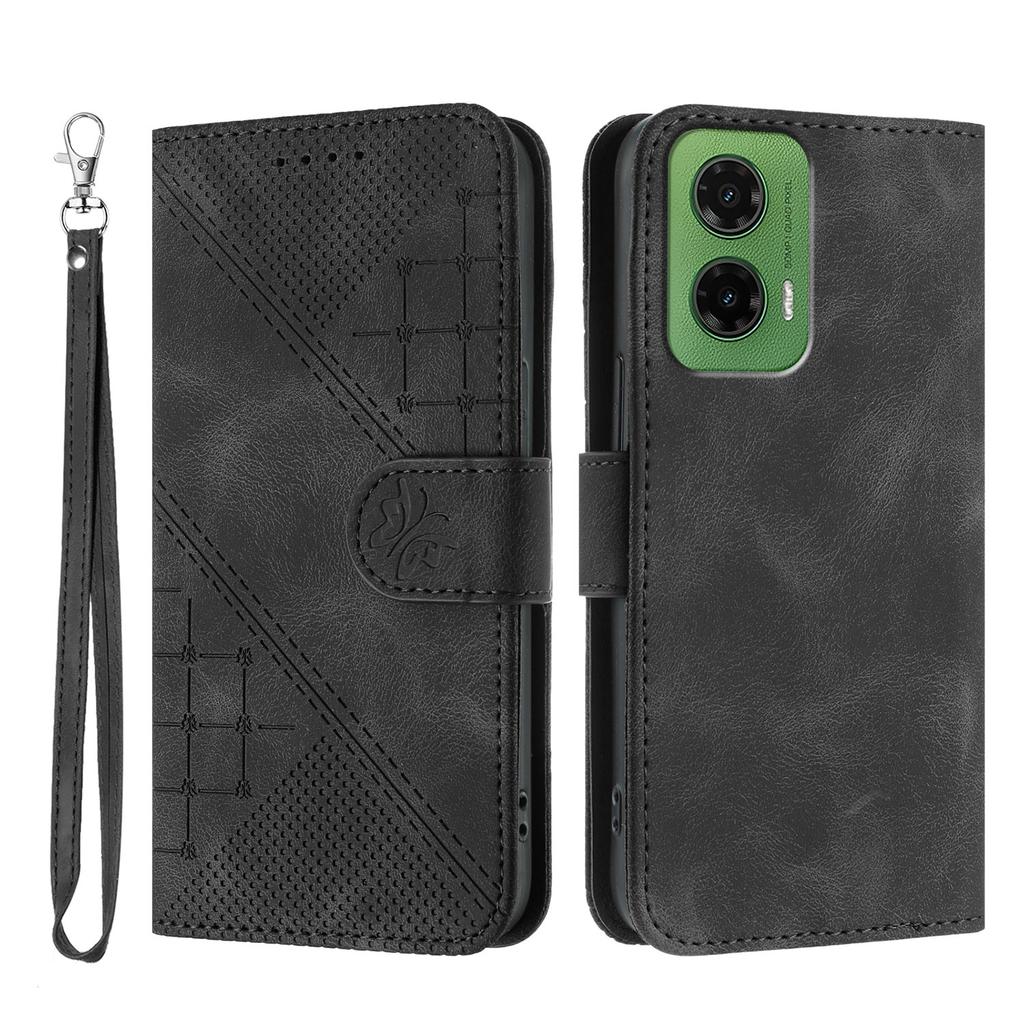 For Motorola Moto G35 5G Leather Wallet Case Butterfly Flower Imprinted Phone Cover with Strap