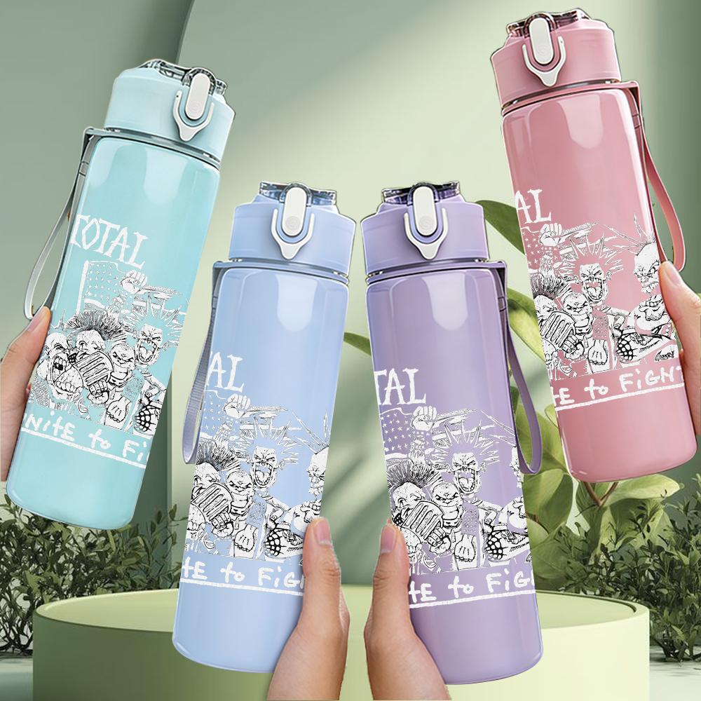 1PC Faint band group grey sketch print 750ml colorful plastic sports water bottle leakproof pop up lid with straw for outdoor work home use