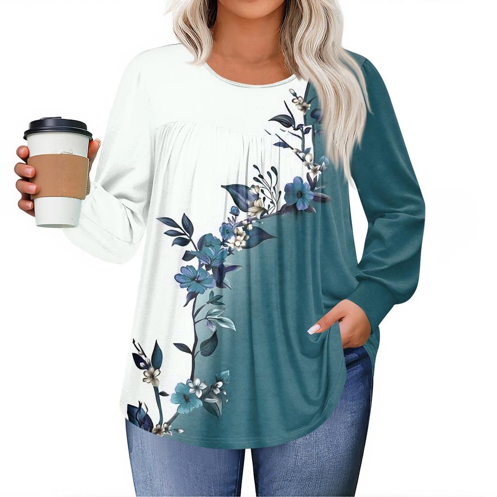 Womens Plus Size Tops Long Sleeve Shirts Round Neck Flowy Tunic Casual Loose Blouse L-5X