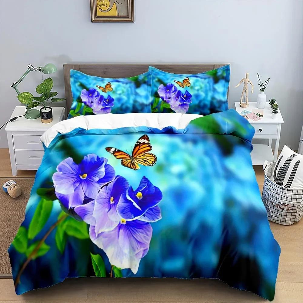 Butterfly Bedding Set 3D Flower Duvet Cover Quilt Cover with Zipper Queen Double Polyester Comforter Set Kid Girl Christmas Gift