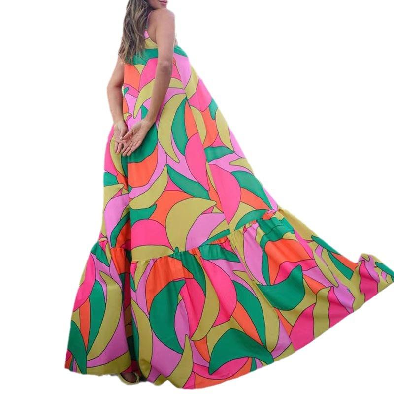 Лето Европа, Америка, новый стиль для поездок на работу Французское длинное платье с глубоким V-образным вырезом на бретельках-халтер с принтом